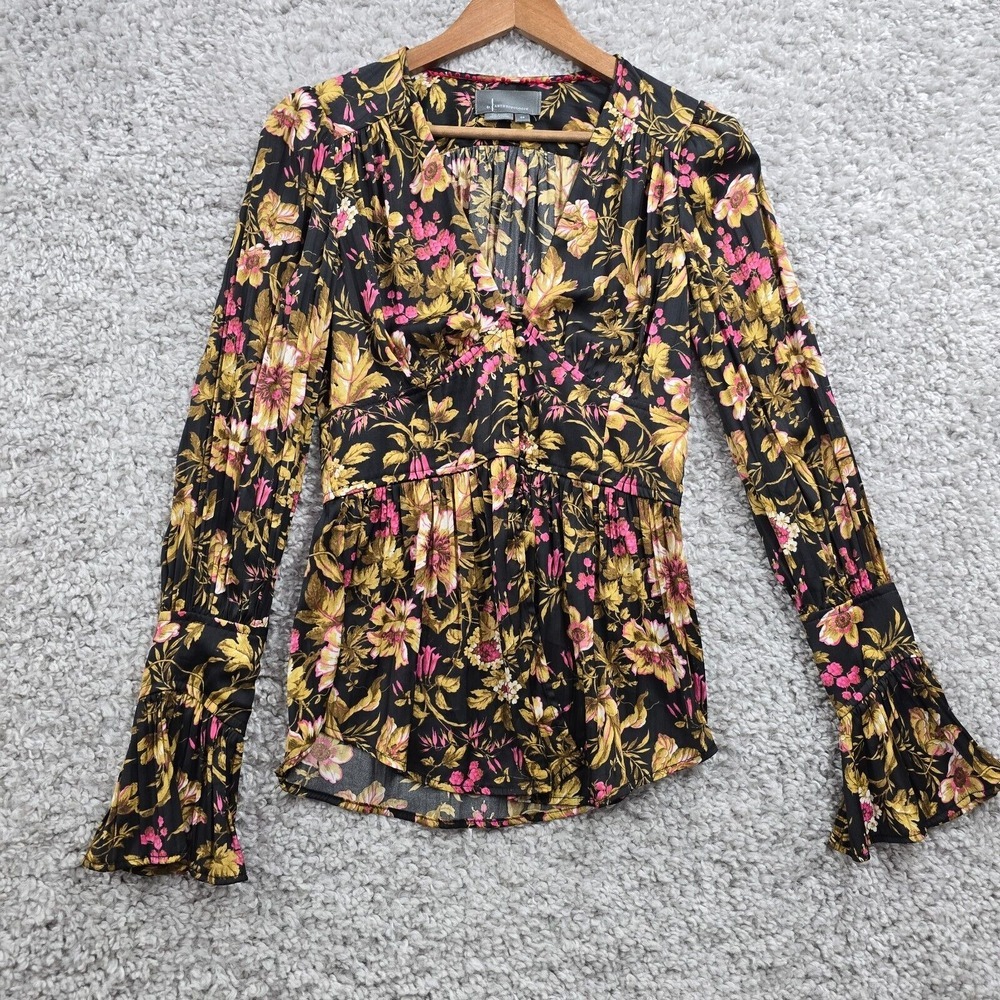 Anthropologie Floral Peplum Blouse Womens XS Black Bell Sleeve Boho Romantic